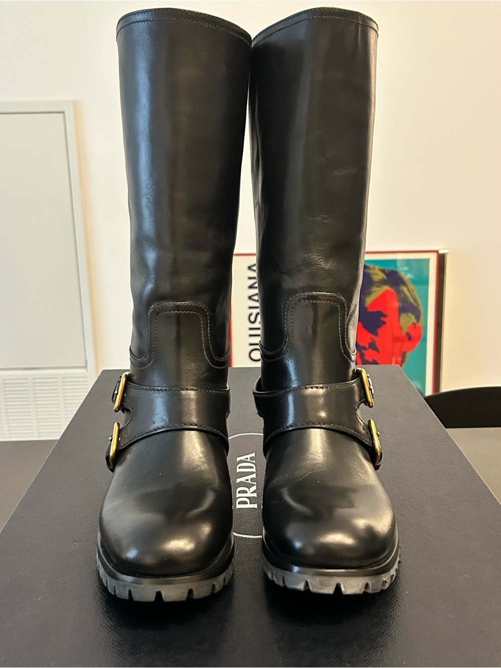 Prada Black Leather Boots with Harness & Gold Buckles